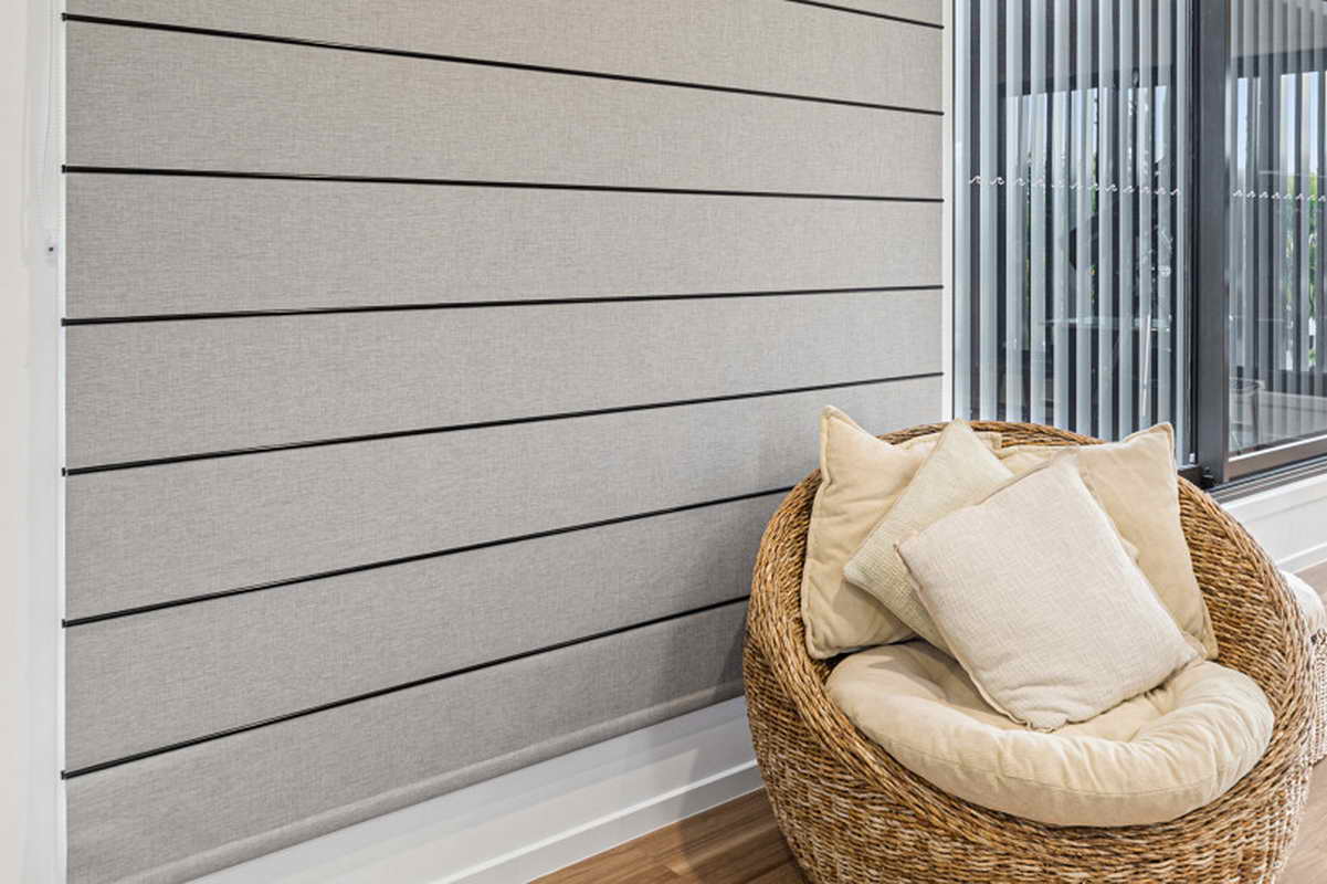Light coloured roman blind with black mode battens in Sunshine Coast Home